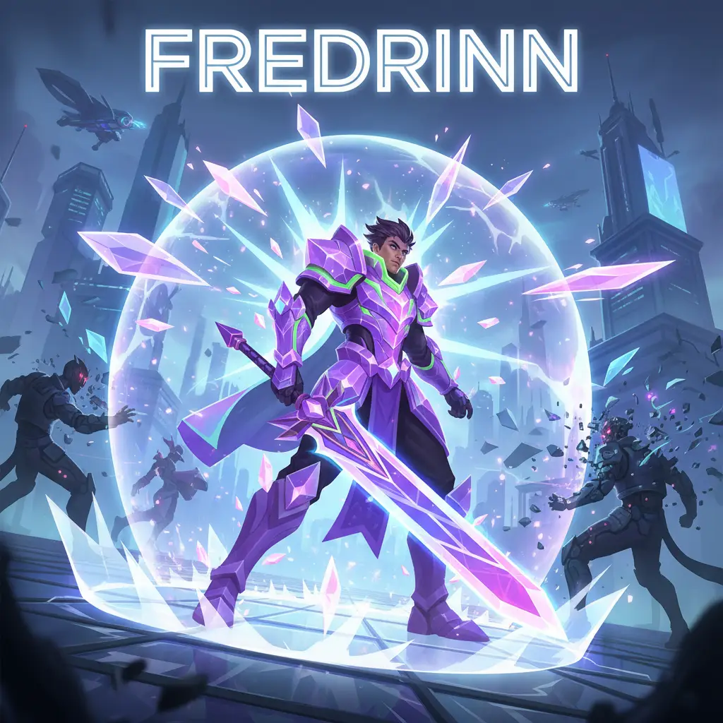 Fredrinn dalam pertarungan sengit di Mobile Legends, memamerkan kemampuan Crystalline Armor.