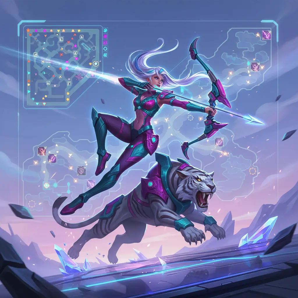 Ilustrasi Irithel dalam Mobile Legends dengan pose menembak sambil bergerak.