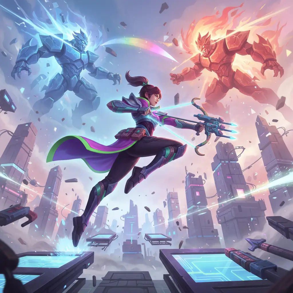 Wanwan dalam pose dinamis di medan perang Mobile Legends.