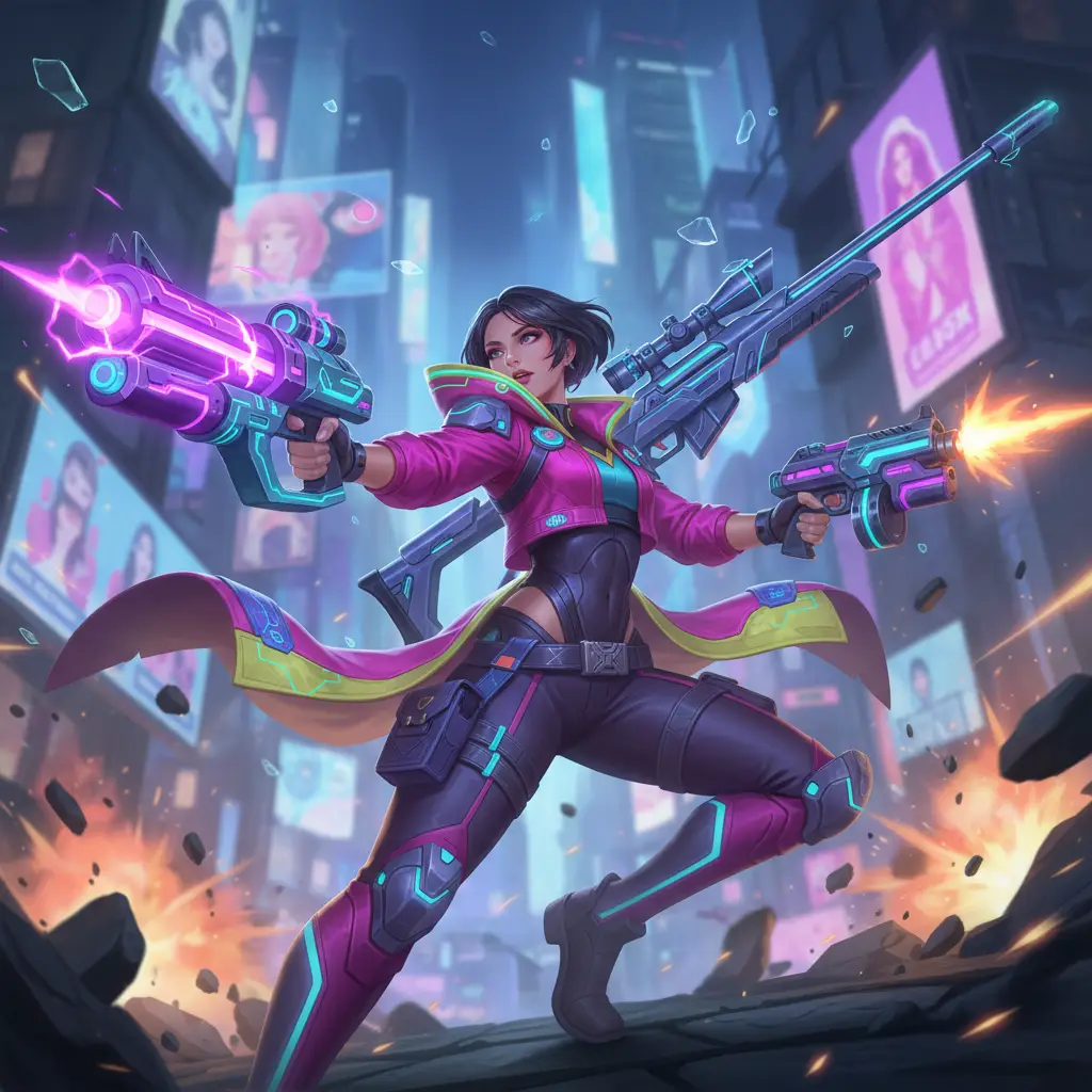 Beatrix, marksman Mobile Legends, dengan senjata unik dalam pertempuran.