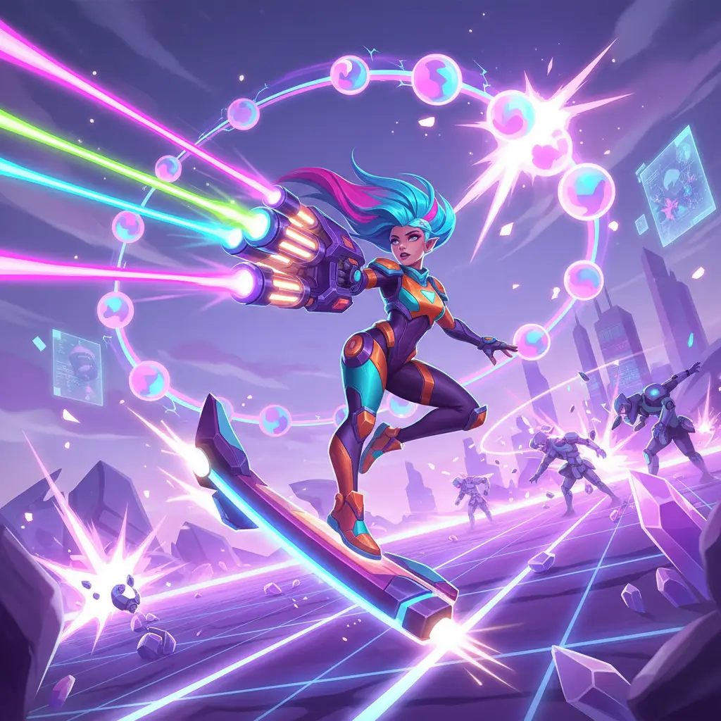 Kimmy di medan perang Mobile Legends, bergerak dan menyerang secara bersamaan.