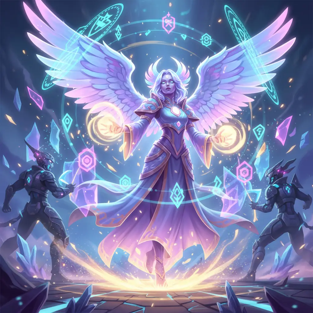 Estes, hero support Mobile Legends, dalam momen pertarungan dengan aura penyembuhan.