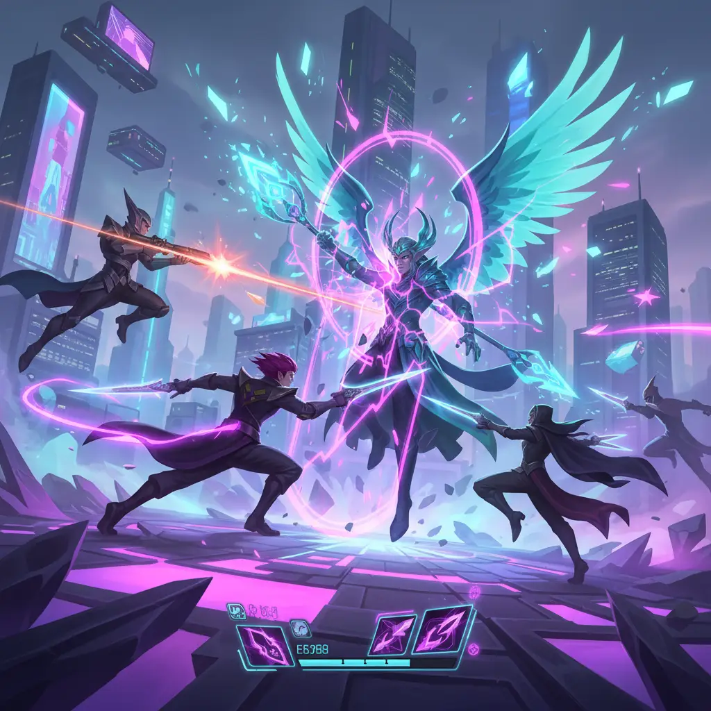 Gambaran pertempuran Mobile Legends dengan Estes yang di-counter oleh hero burst damage.