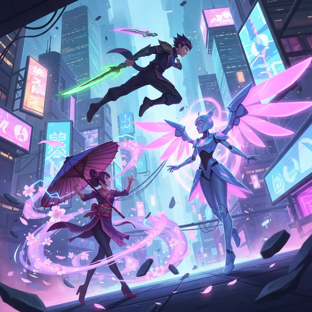 Adegan pertempuran di Mobile Legends dengan Angela sedang di-counter oleh Ling dan Kagura.