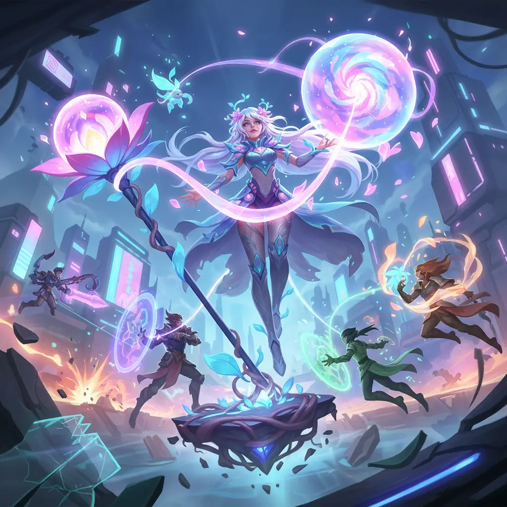 Ilustrasi Floryn dari Mobile Legends sedang menyembuhkan tim dalam pertempuran.