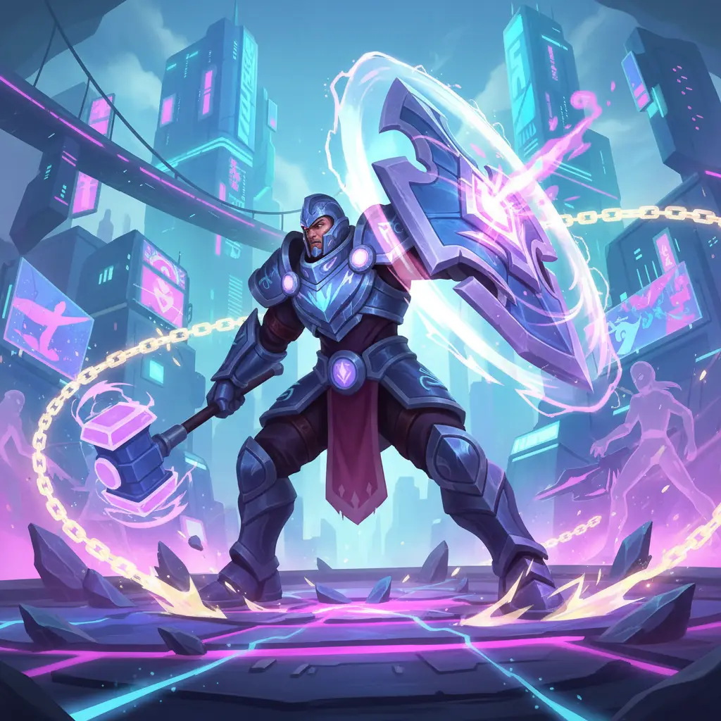 Tigreal dalam posisi siap tempur dengan armor tank di Mobile Legends.