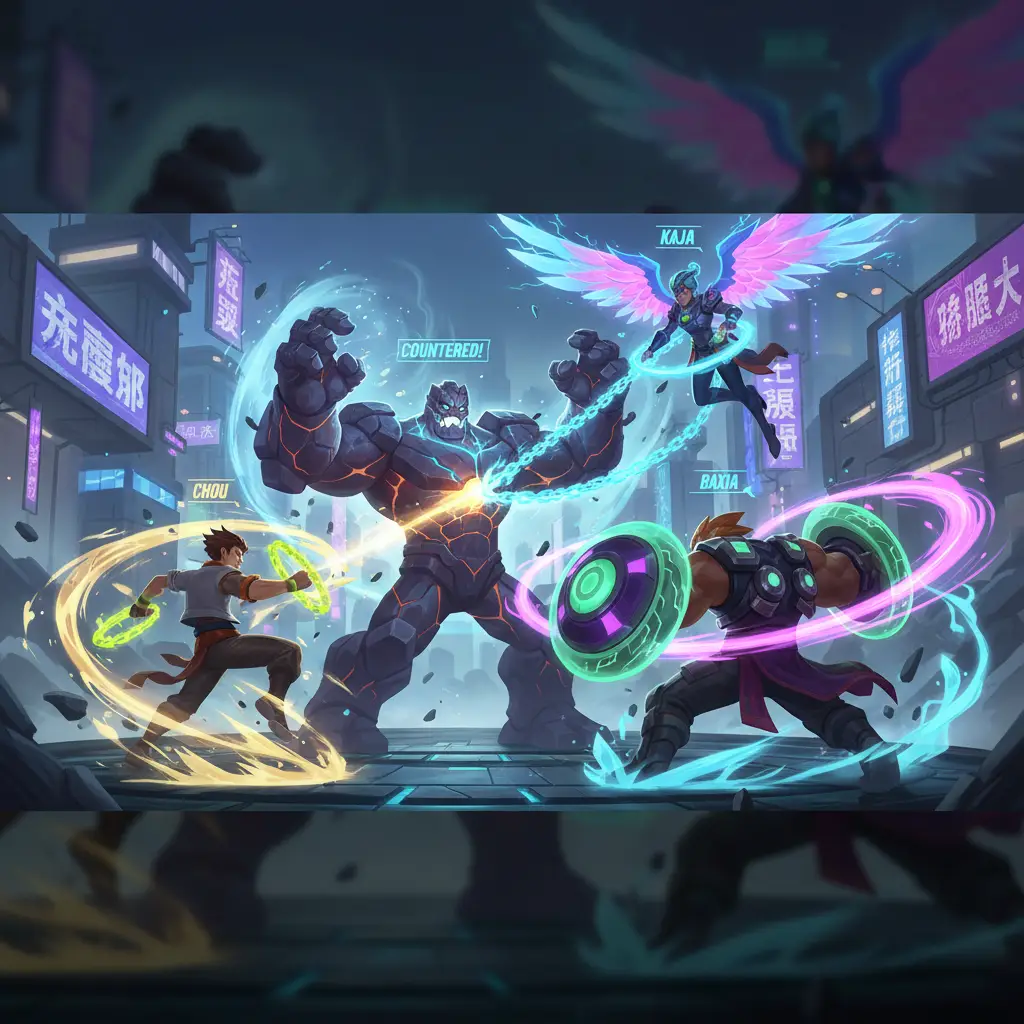 Gambaran strategi menghadapi Grock di Mobile Legends dengan hero Chou, Baxia, dan Kaja.