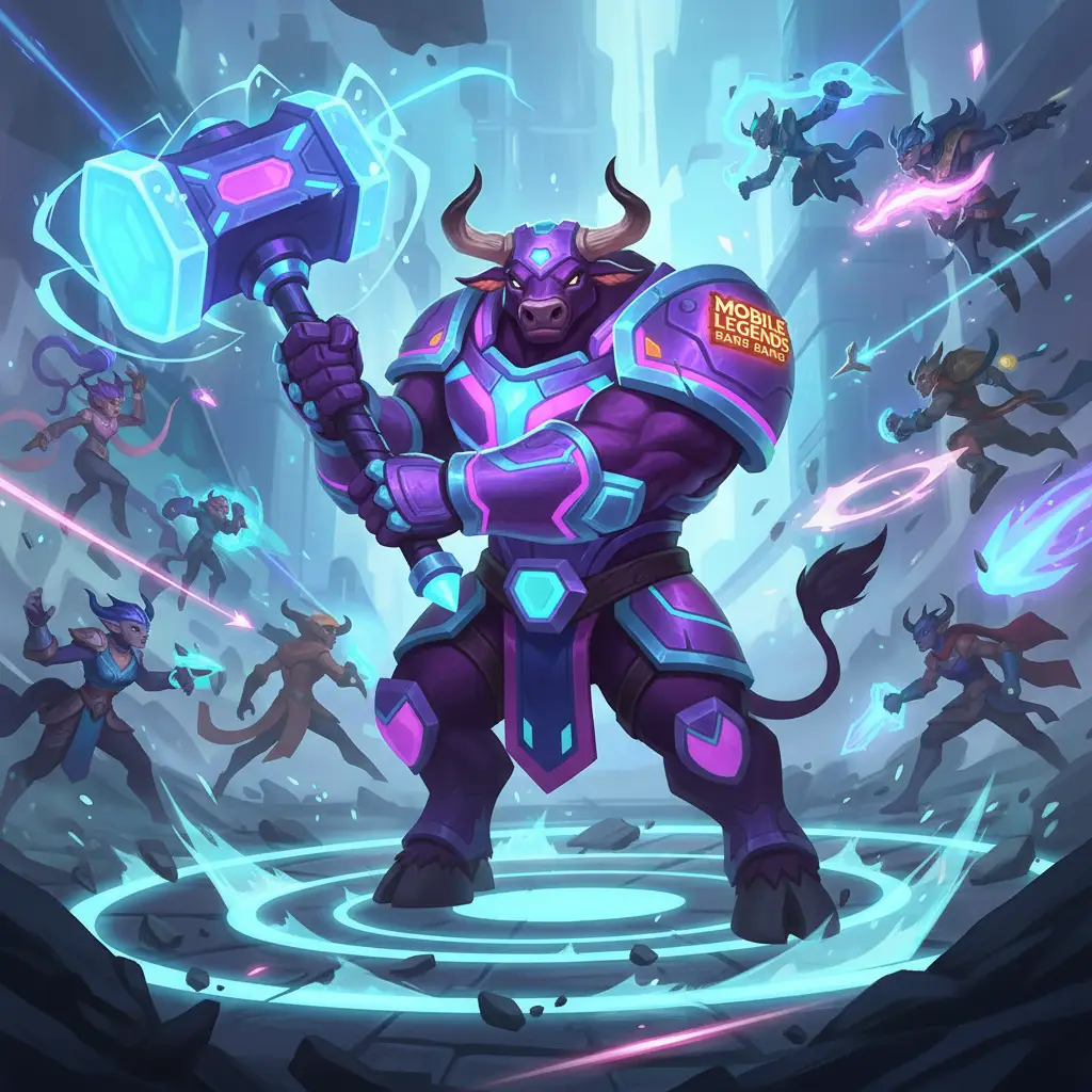 Minotaur beraksi dalam pertempuran Mobile Legends, menunjukkan kemampuannya sebagai hero tank.