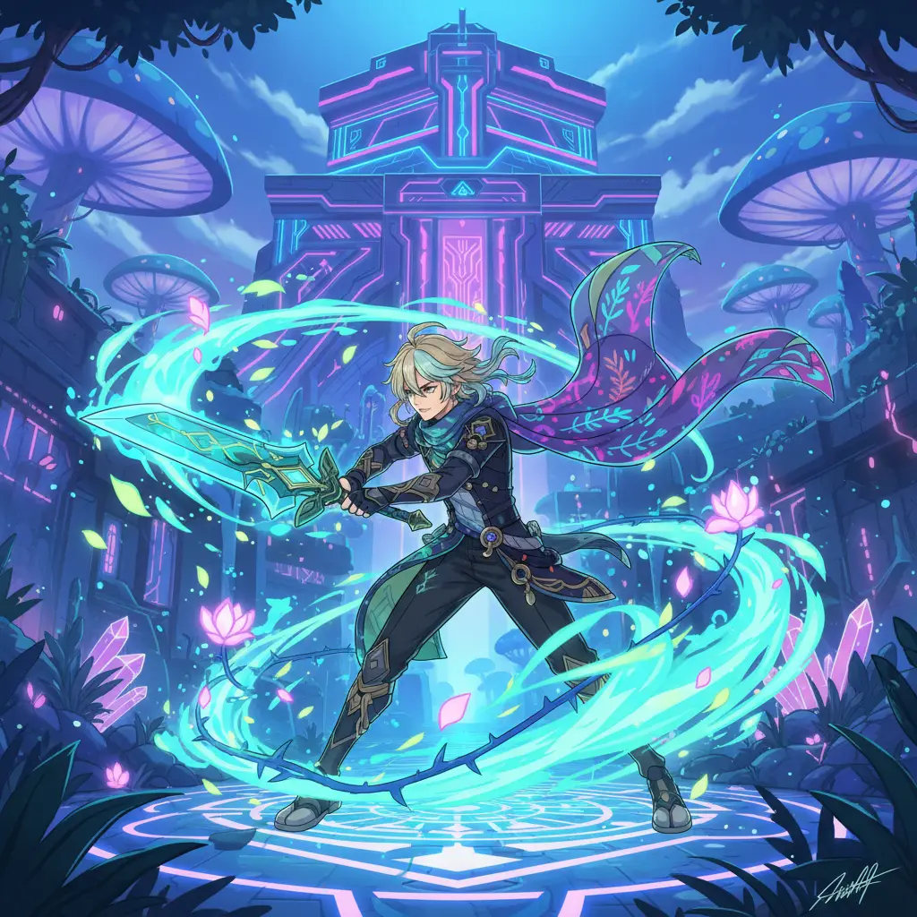 Ilustrasi Kaveh dengan kekuatan elemen Dendro di Genshin Impact.