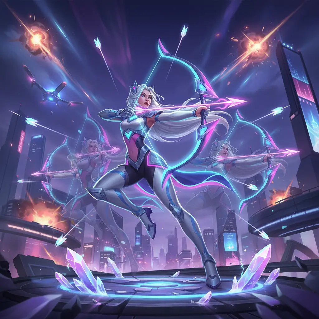 Miya, hero marksman di Mobile Legends, dalam aksi pertarungan.