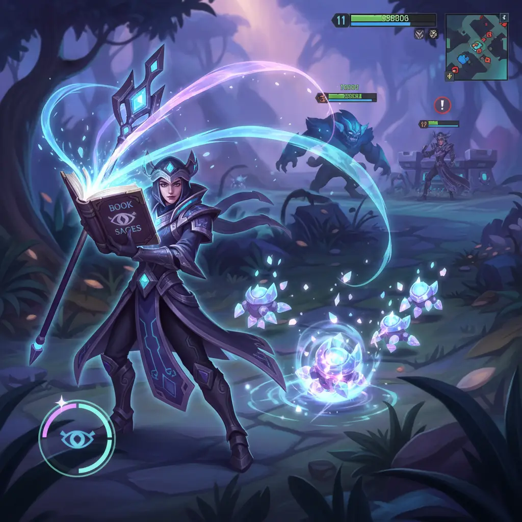 Ilustrasi mage Mobile Legends menggunakan Book of Sages di early game.