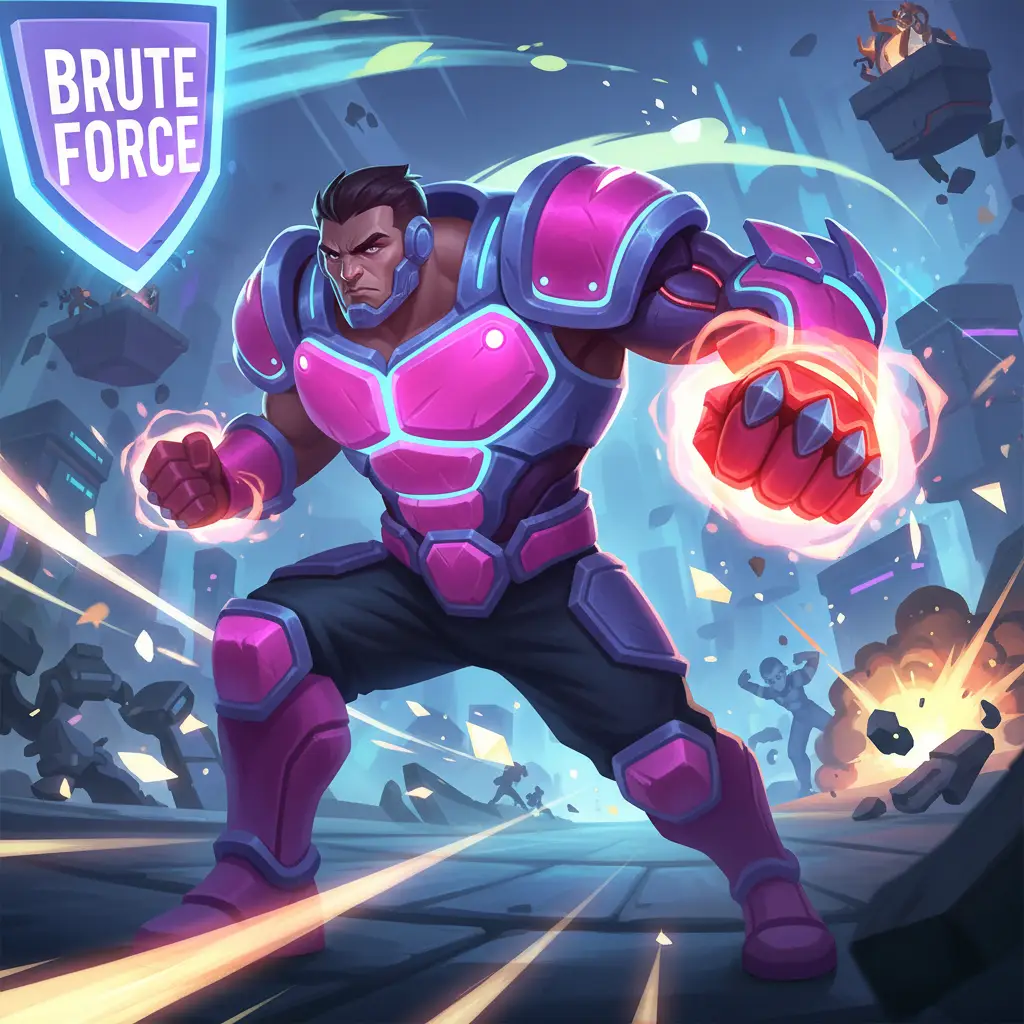 Ilustrasi hero Mobile Legends dengan Brute Force Breastplate dalam aksi yang dinamis.