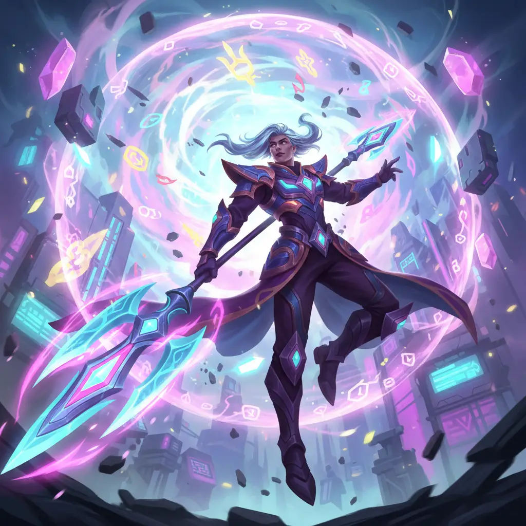 Ilustrasi hero mage menggunakan Divine Glaive di Mobile Legends.
