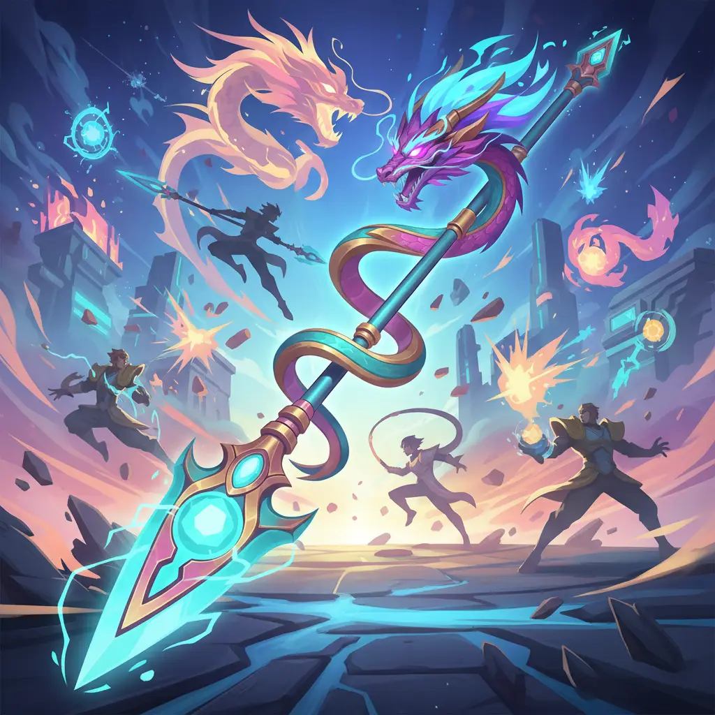 Ilustrasi Great Dragon Spear di Mobile Legends, menampilkan desain dan efek cahayanya.