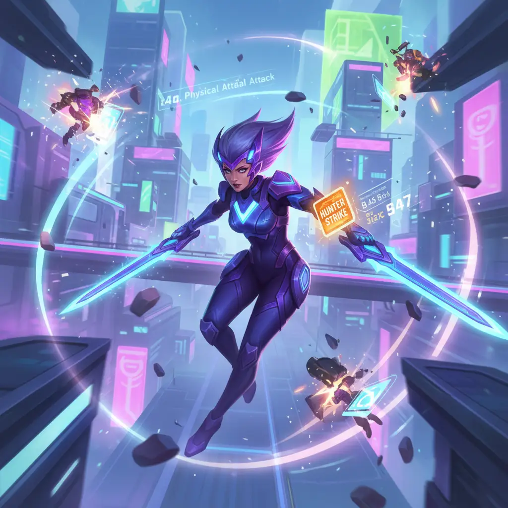 Hero Mobile Legends menggunakan Hunter Strike dalam pertempuran.