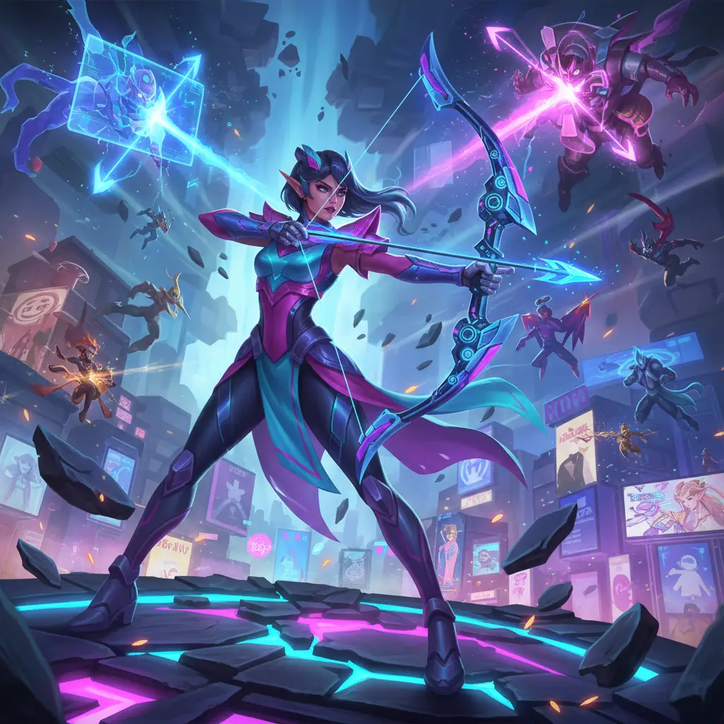 Ilustrasi hero Mobile Legends dengan Iron Hunting Bow siap bertarung.