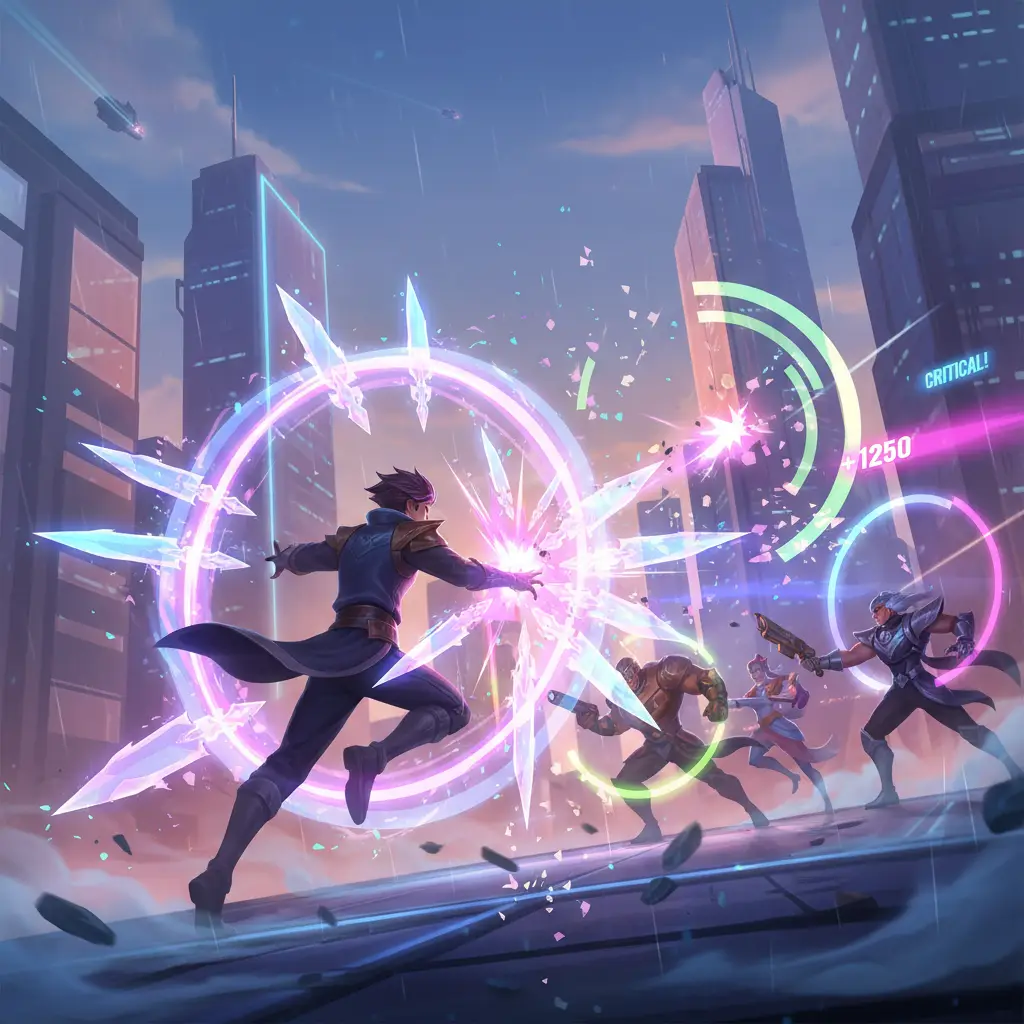 Hero Mobile Legends menggunakan Dagger of Thorns dengan efek burst damage.