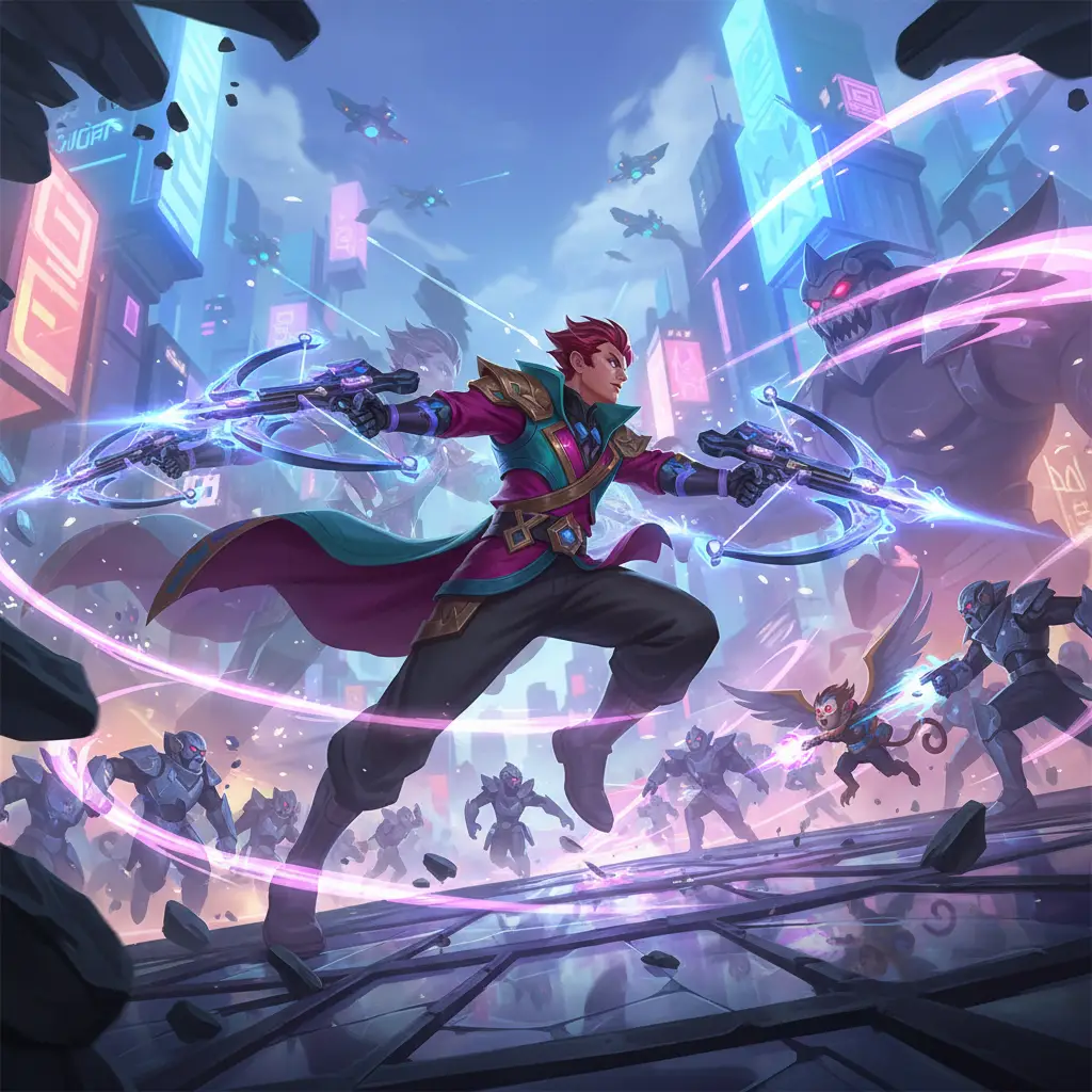 Ilustrasi hero Mobile Legends menggunakan Windtalker dalam pertempuran.