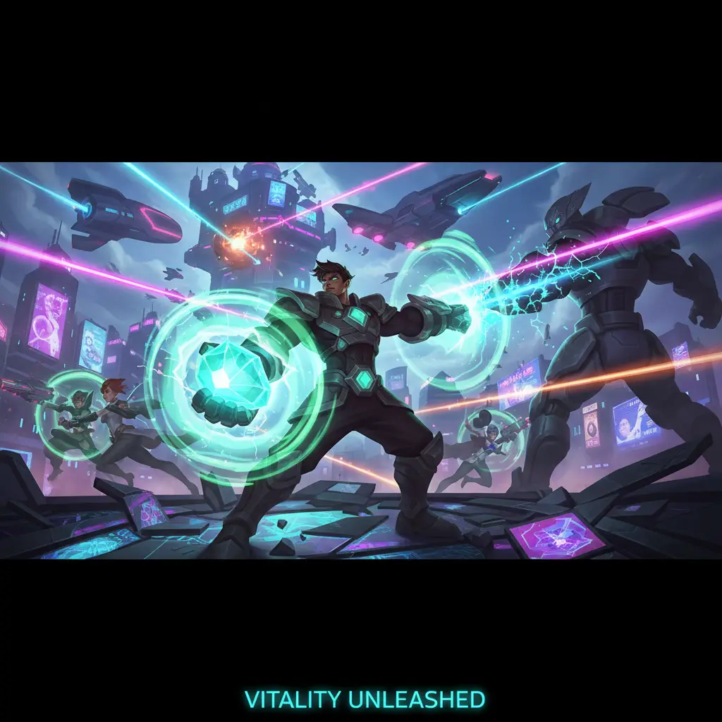 Hero Mobile Legends memegang Vitality Crystal yang bersinar dalam pertempuran.