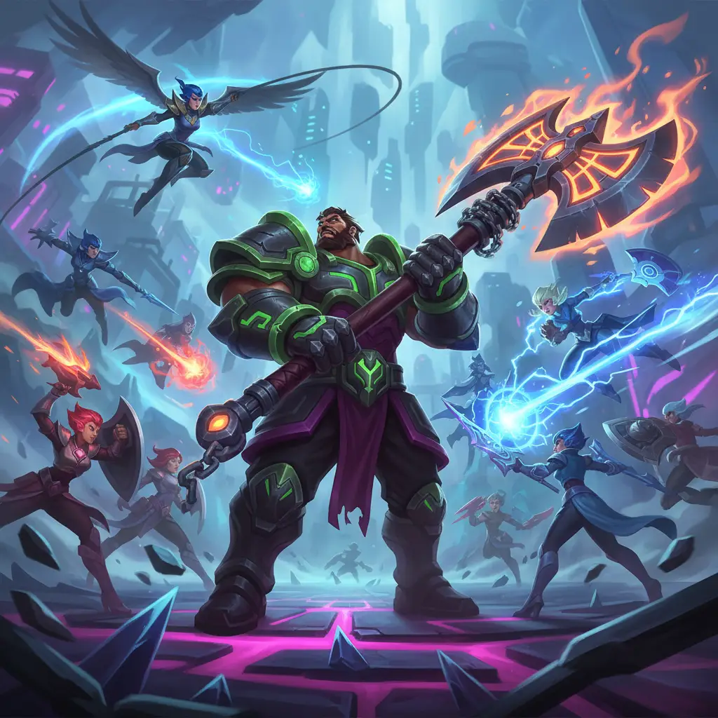 Hero dengan War Axe dalam pertarungan Mobile Legends.