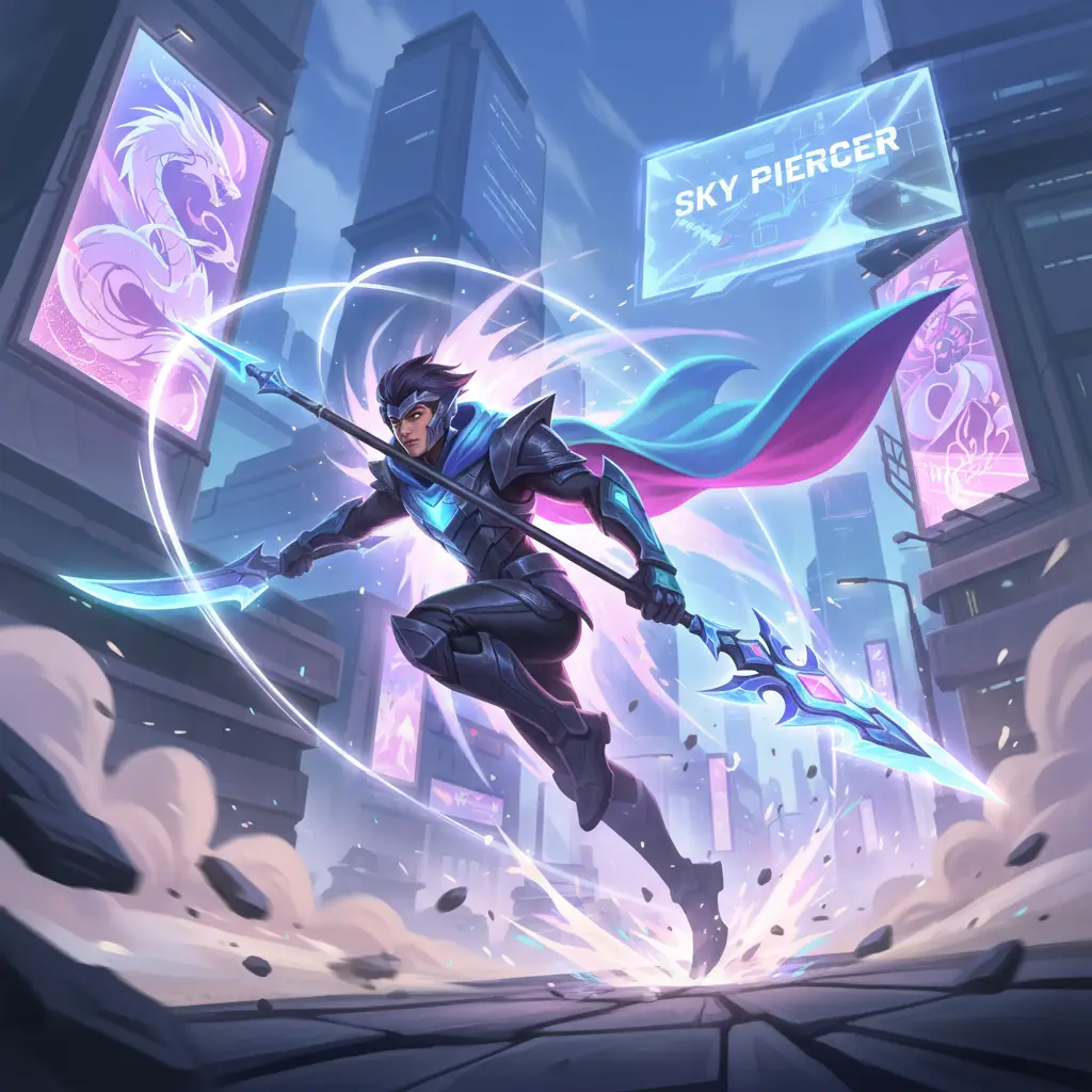 Ilustrasi hero Mobile Legends menggunakan item Sky Piercer.