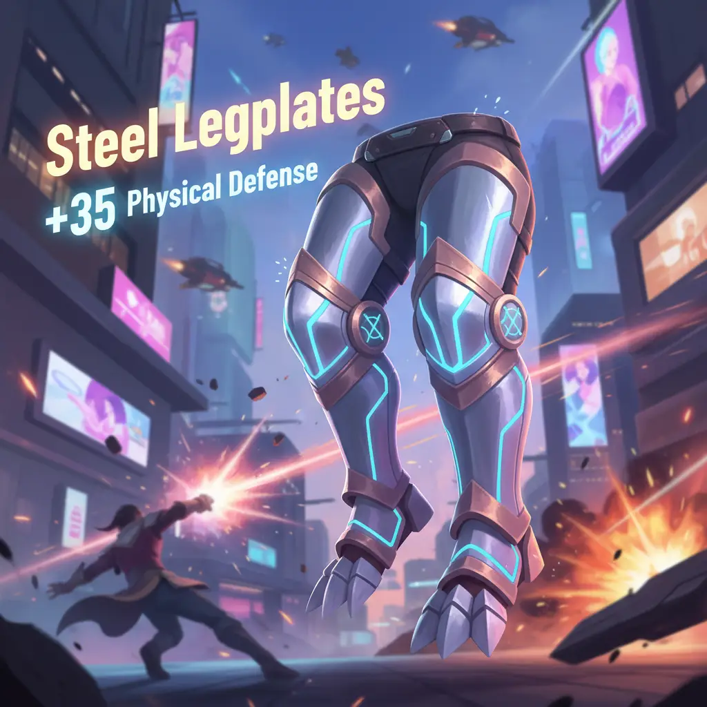 Tampilan item Steel Legplates di Mobile Legends, penting untuk pertahanan.