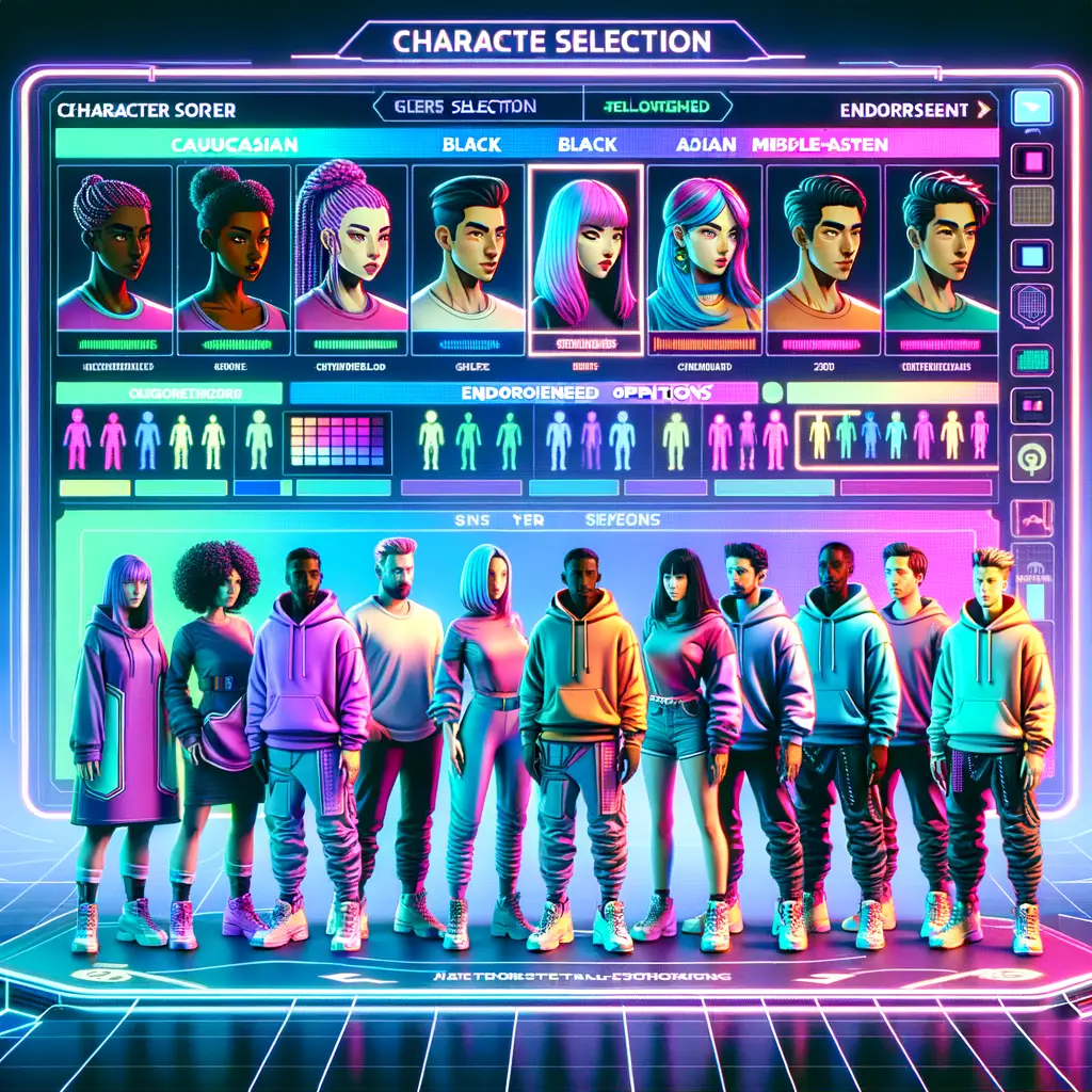 Antarmuka game simulasi kehidupan dengan opsi endorsement dan kostum karakter.