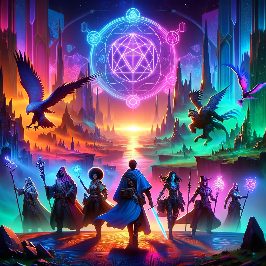 Tim karakter RPG dalam pertempuran AoE yang dinamis di lanskap fantasi.